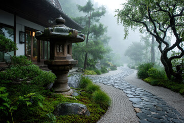 Calming zen garden with raked gravel and stone lantern in morning mist