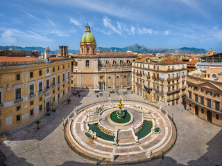 Piazza Pretoria and the Praetorian Fountain in Palermo, Sicily, Italy on a sunny day