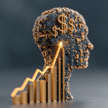 A smart digital brain processes financial data, displaying money growth through circuit designs, dollar symbols, and an upward trending chart.