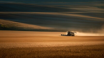 Fototapeta premium Agricultural machinery harvesting golden wheat in expansive fields under a dramatic sky, showcasing the beauty of rural farming and the essence of harvest season