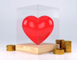 Transparent Donation Box with Heart and Coins Isolated on White