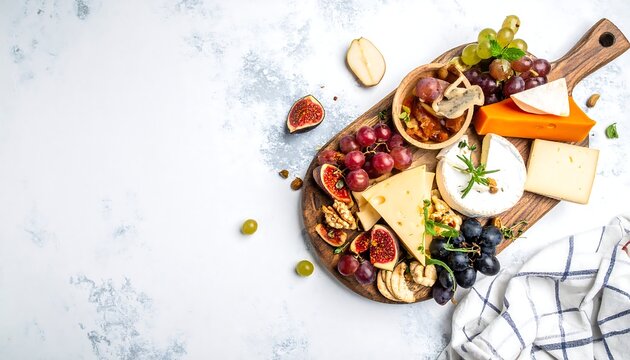 Elegant cheese board with figs, grapes, and assorted cheeses on a textured white surface - Powered by Adobe