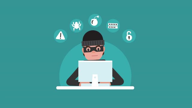 Hacker With Laptop Computer Stealing Passwords And Breaking In Confidential Data