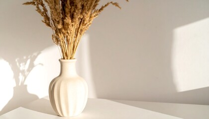 Elegant Dried Floral Arrangement in White Vase with Dramatic Shadow Play