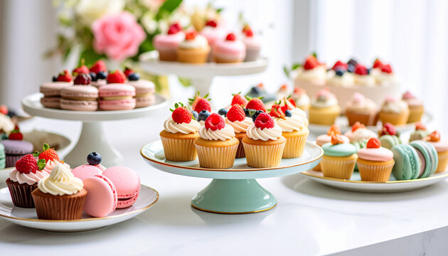 Assorted cupcakes and macarons displayed on tiered stands on white table creating a sweet and elegant dessert arrangement for a celebratory occasion. - Powered by Adobe