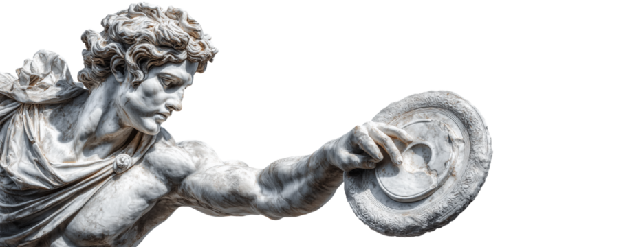 An ancient discobolus or discus thrower marble statue isolated on white or transparent background, png. A classical Greek sculpture depicts a young male athlete throwing a discus. Generative Ai.