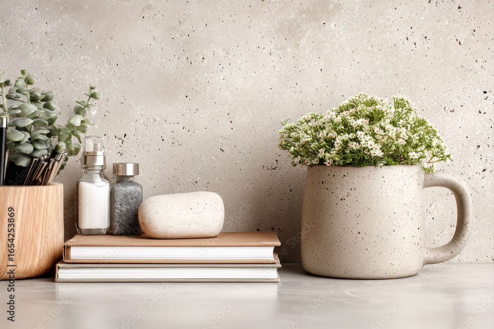Poster minimalist workspace with bonsai and washi paper background and clean space for text