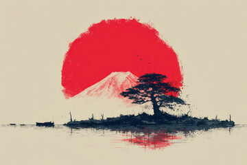 Minimalist ink outline of mt. fuji with rising sun in abstract japanese style