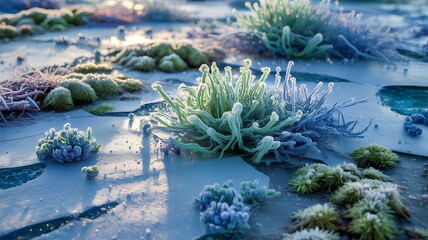 Colorful sea anemones and marine life in tidal pools during golden hour at rocky coastline