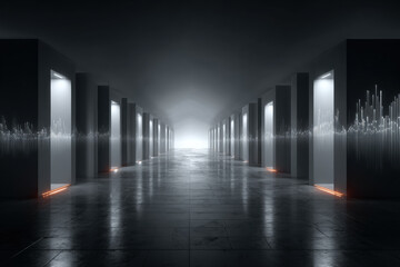 Futuristic data center with glowing business kpi holographic projections in dark room