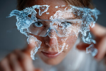 Businesswoman using futuristic augmented reality map in modern office workspace