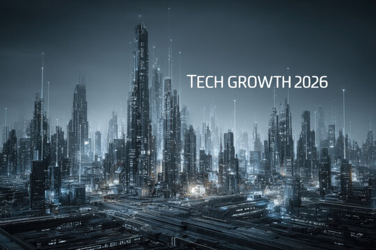 Futuristic city skyline with glowing skyscrapers and digital light effects