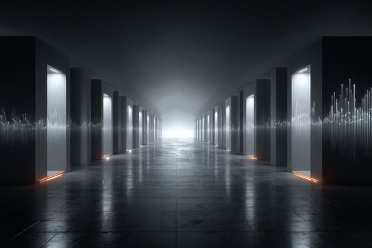 Futuristic data center with glowing business kpi holographic projections in dark room