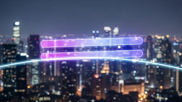 Neon equals sign floats above a blurred nighttime cityscape with twinkling lights