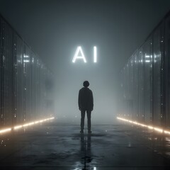 An artificial intelligence entity stands alone, observing the glowing AI text in a dark, misty, futuristic data server room with bright light lines.