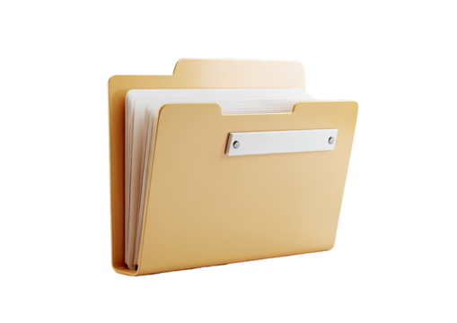 3D rendering of a light orange file folder, with white papers inside