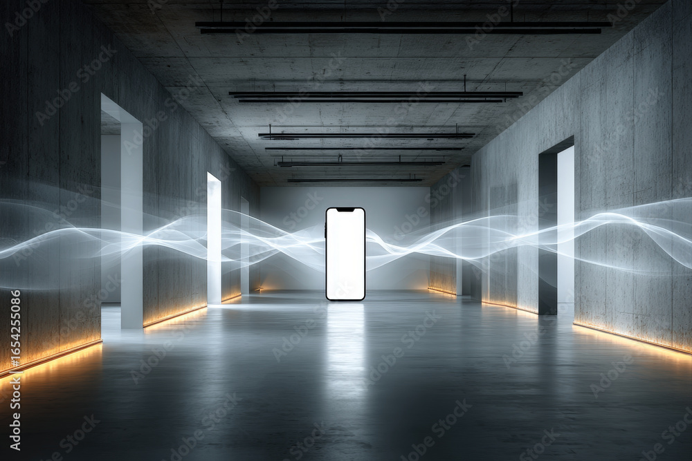 Poster futuristic corridor with glowing waves and floating smartphone with white screen