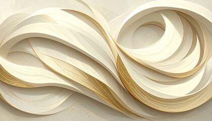A swirling design of cream and gold paper-like layers creates a sophisticated and elegant abstract pattern.