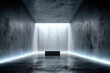 Levitating tablet with glowing blue digital code in futuristic tunnel