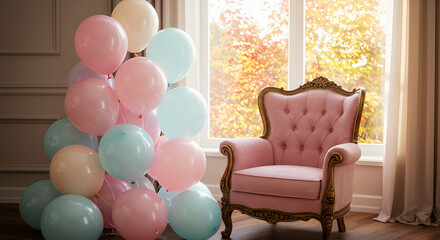 Cozy autumn scene with a pink armchair, colorful balloons, and fall foliage outside the window, perfect for celebrating birthdays and special moments.
