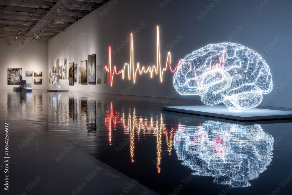 Poster futuristic brain sculpture with glowing core in high-tech laboratory setting