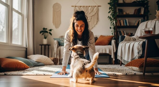 Young woman doing yoga at home with playful dog copying her pose, candid laughter, cozy living room atmosphere, authentic fitness lifestyle, joyful pet interaction. Generative AI