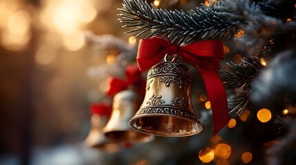 Hanging decorative bells with red ribbons on a festive Christmas tree in a warm, cozy evening setting