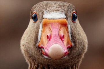 Fototapeta premium Close-up portrait of a greylag goose showcasing its striking features, including blue eyes and pink beak
