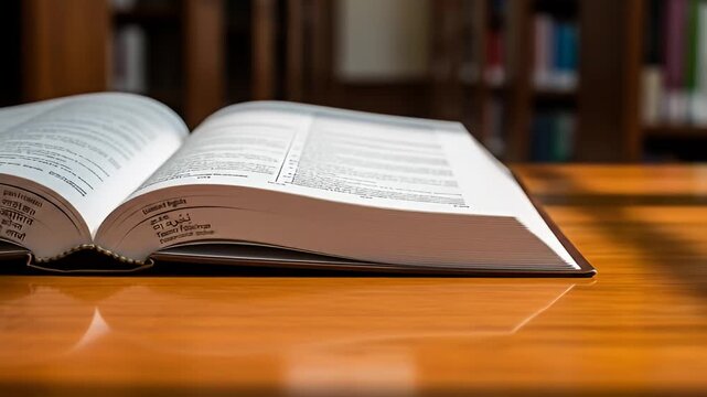 Open book with foreign text on polished wooden table in front of blurred bookshelves