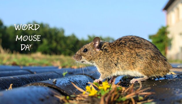 A small field mouse stands on dark corrugated roofing, surrounded by greenery and wildflowers, on a bright sunny day.