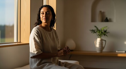 A serene woman in a light-colored outfit sits thoughtfully by a sunlit window in a minimalist room.