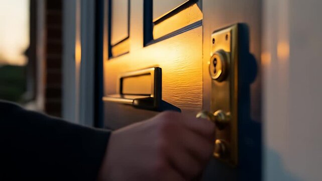 Approaching a front door, hand reaching for the brass knob. Golden light shining
