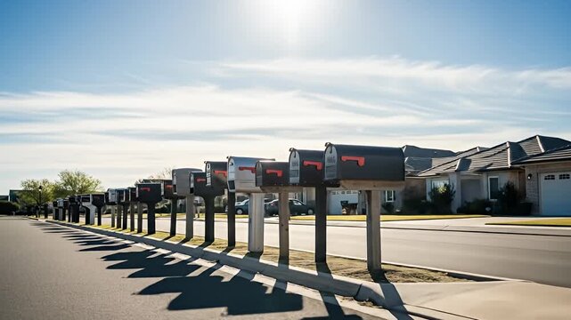Row of mailboxes lines a street in a residential area under a bright, cloud-filled sky