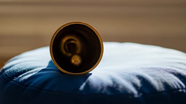 A golden bell, viewed from the side, sits on a blue, textured cushion