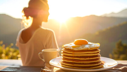 Woman Admiring Sunlight Beside Stack Of Pancakes With Fried Egg On Plate Outdoor Scene Golden Hour Morning