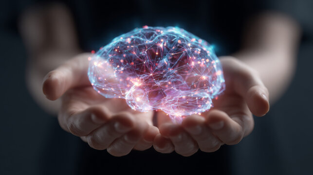 hands holding holographic brain
