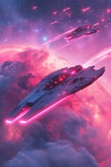 Obraz premium Futuristic spacecraft soaring through vibrant cosmic clouds, illuminated by pink and purple hues, showcasing advanced technology and interstellar travel in a stunning galaxy scene