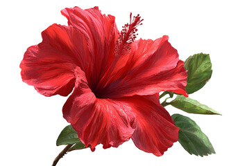 Fototapeta premium A vibrant red hibiscus flower isolated on transparent background, showcasing its intricate petals, stamen, and pistil in exquisite detail and beauty