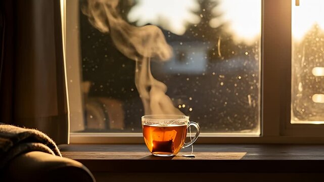 Clear glass mug of steaming tea on a windowsill against a blurred outdoor scene