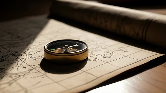Compass sits atop a partially unrolled map on a wooden surface, lit by soft sunlight