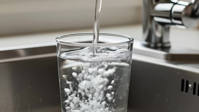 Water is poured into a glass, with bubbles, sink, and tap in soft-focus background
