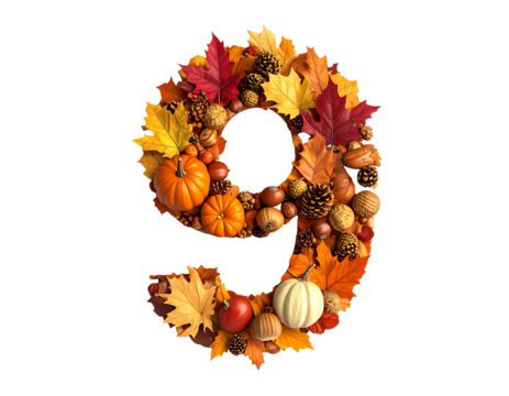 Autumn Number Nine Decorated with Leaves, Pumpkins, and Nuts