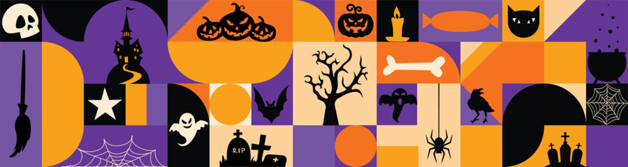 Geometric Halloween Border with Pumpkins, Ghosts, Bats and Haunted Icons