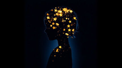 silhouette of child with glowing stars inside head