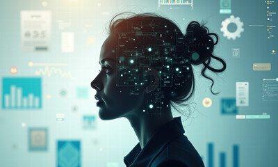 Woman's Profile with Digital Data Overlay and Futuristic Interface