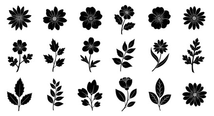 Collection of various black and white floral silhouettes, showcasing diverse flower and leaf designs.
