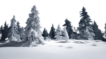 Winter wonderland scene, featuring snow-covered trees and a serene landscape isolated on white background