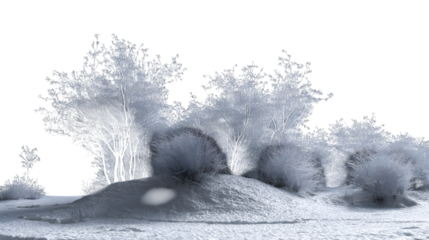  serene monochrome rendering of landscape with soft focus on bushes isolated on white background