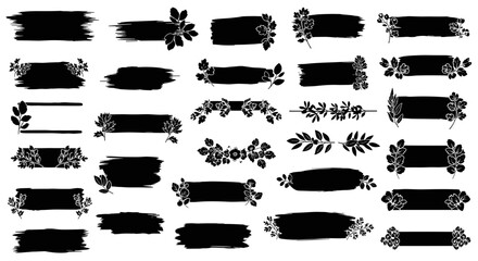 Set of decorative black banners with floral elements.