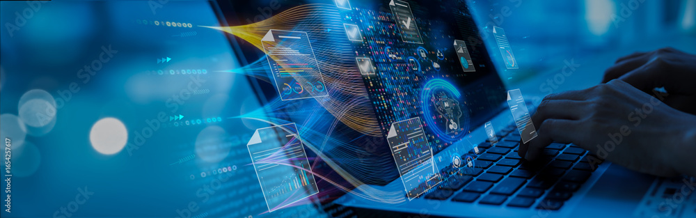 Aufkleber ai futuristic document management concept, check electronic documents on digital documents on virtua